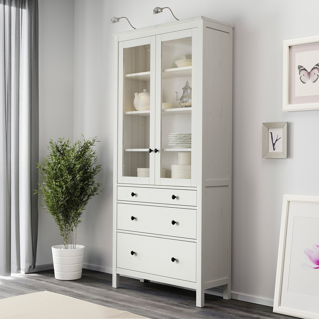 HEMNES Glass-door cabinet with 3 drawers - white stain 90x197 cm