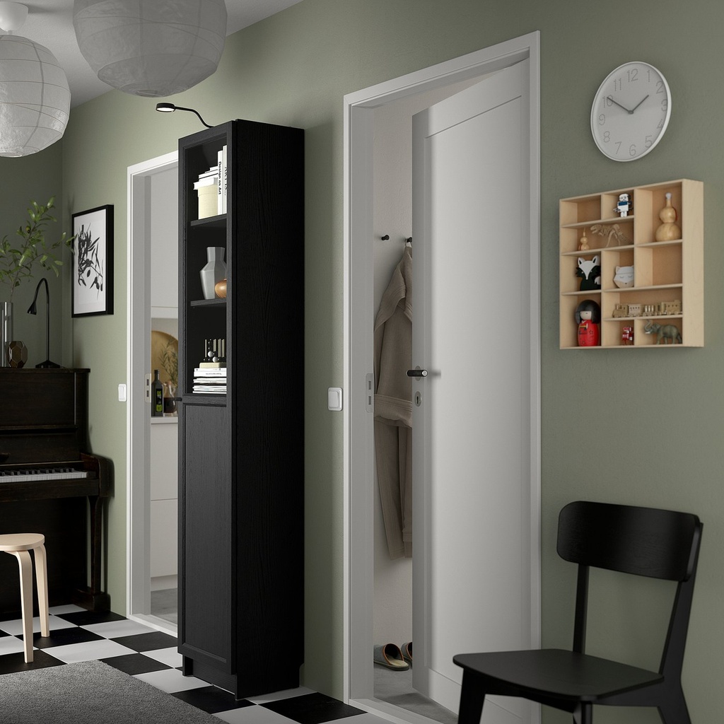 BILLY / OXBERG Bookcase with panel/glass door - black oak effect 15 3/4x11 3/4x79 1/2 "