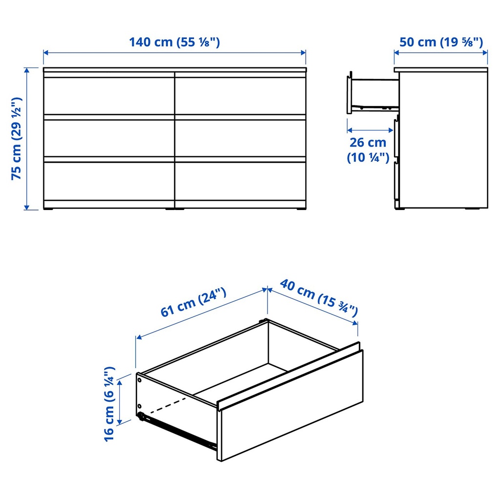 STORKLINTA Chest of 6 drawers - dark brown/oak effect 140x50x75 cm