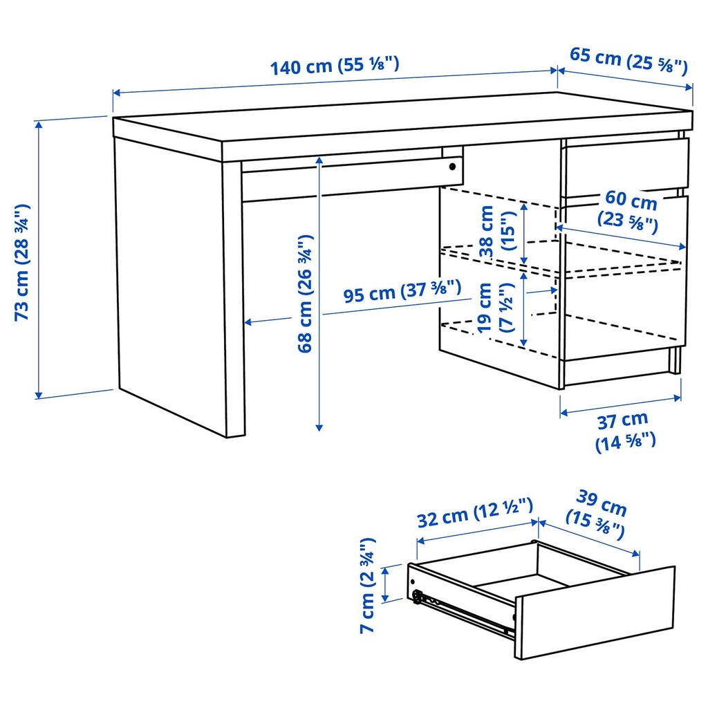 MALM Desk - white 140x65 cm (55 1/8x25 5/8 ")