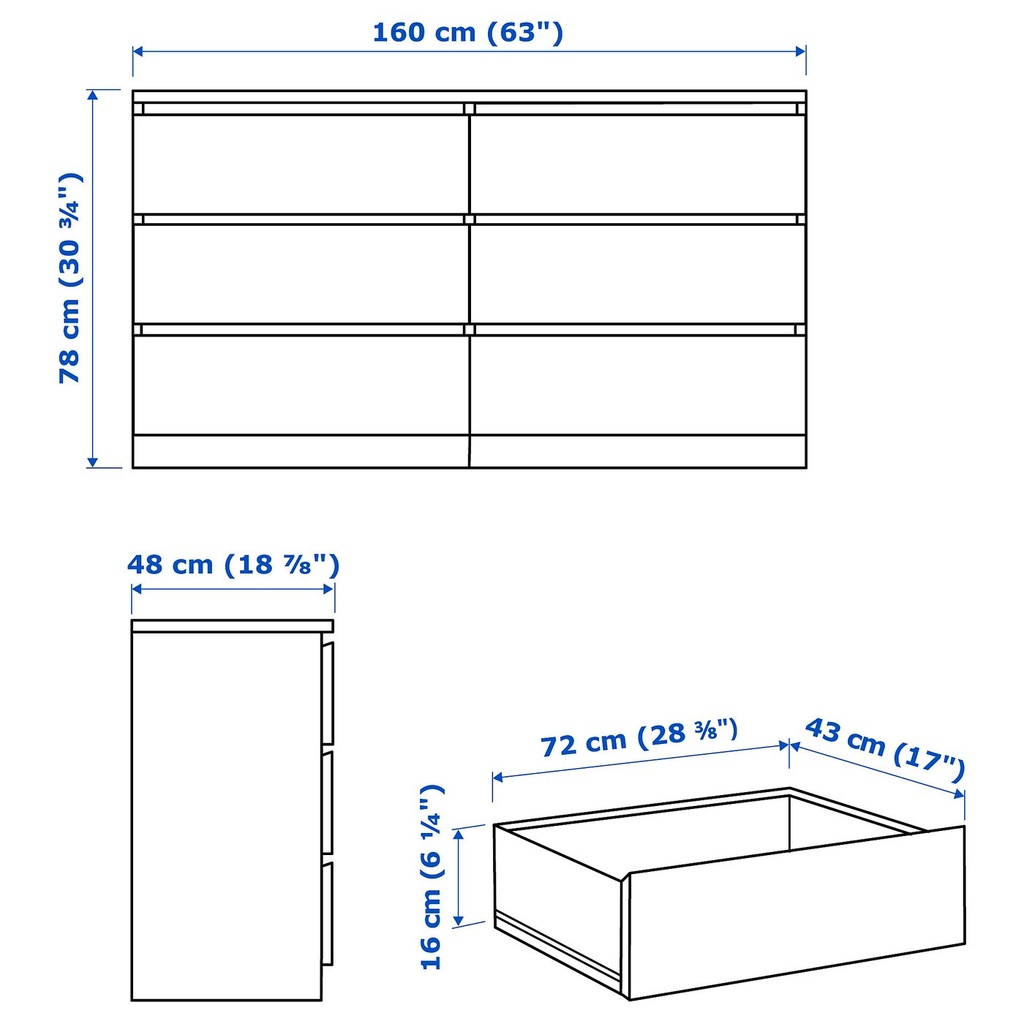 MALM Chest of 6 drawers - black-brown 160x78 cm (63x30 3/4 ")