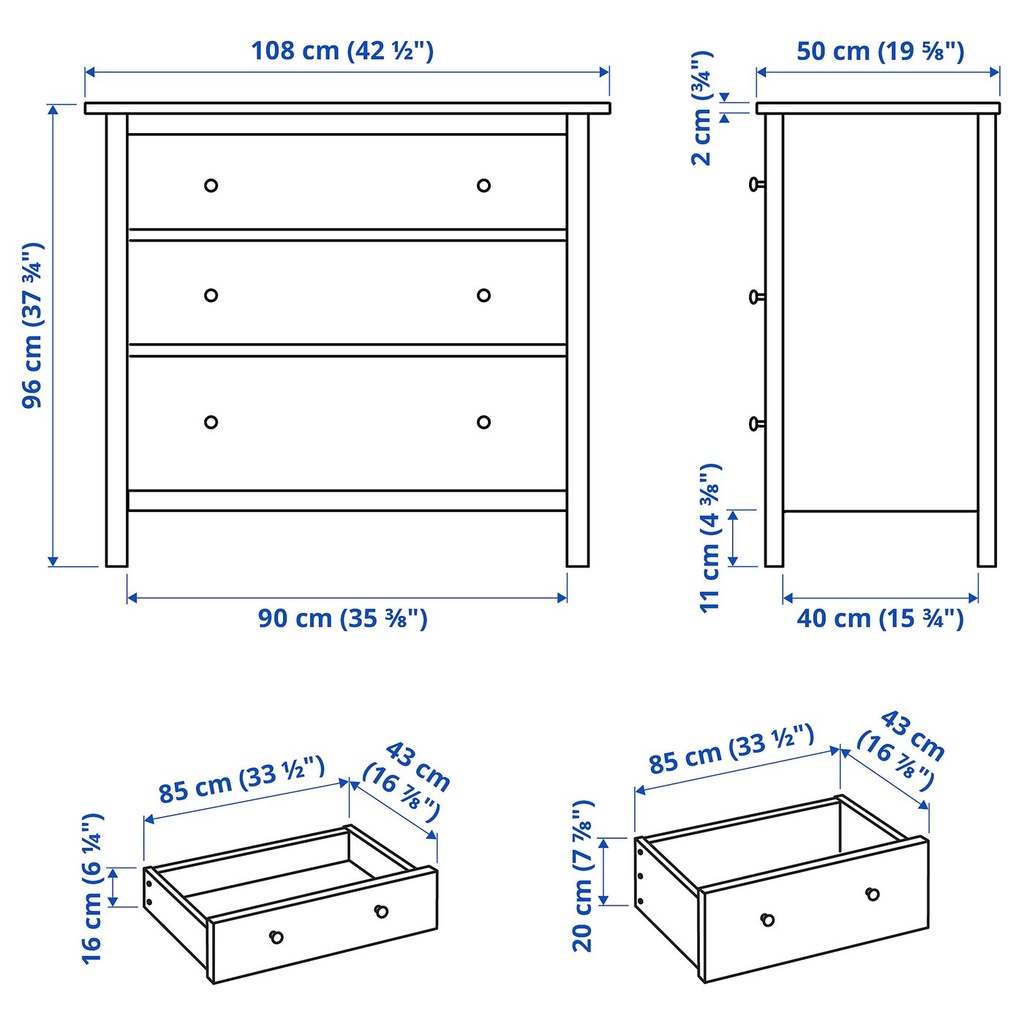HEMNES Chest of 3 drawers - grey stained 108x96 cm