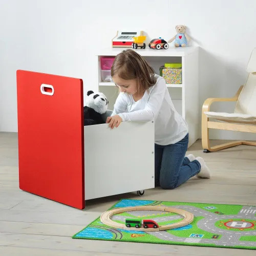 خزانة للألعاب IKEA STUVA STUVA FRITIDS، على عجلات، أبيض/أحمر، 60x50x64 سم
