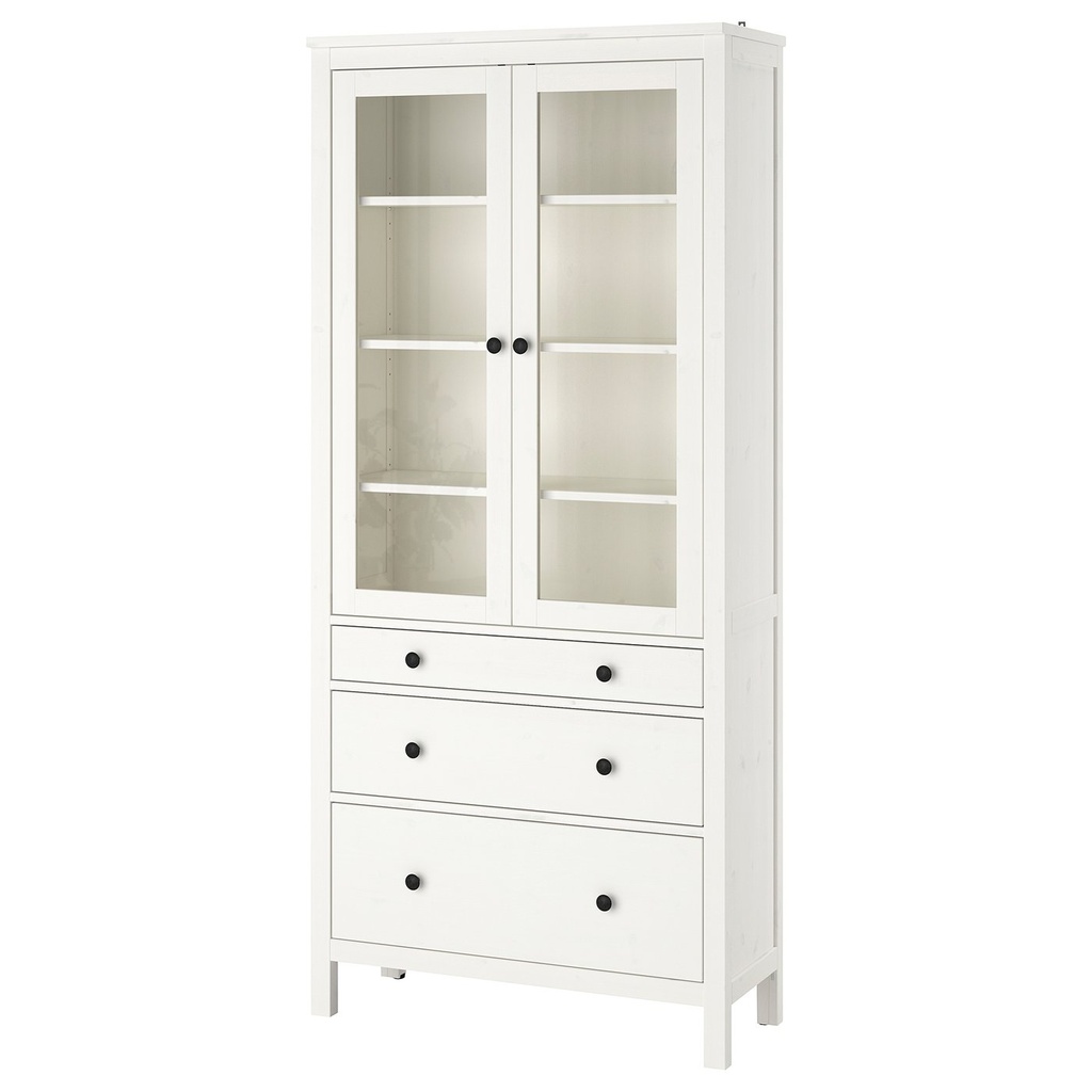HEMNES Glass-door cabinet with 3 drawers - white stain 90x197 cm